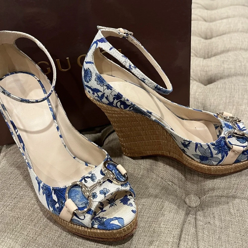 Gucci Blue and White Floral Wedge Sandals with Ankle Strap